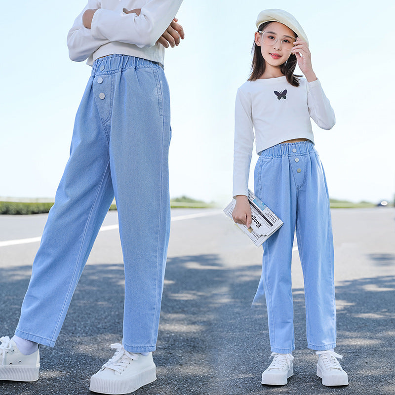 Girls jeans 2024 spring new casual harem pants fashion loose daddy pants stretch denim trousers trend 7 MART