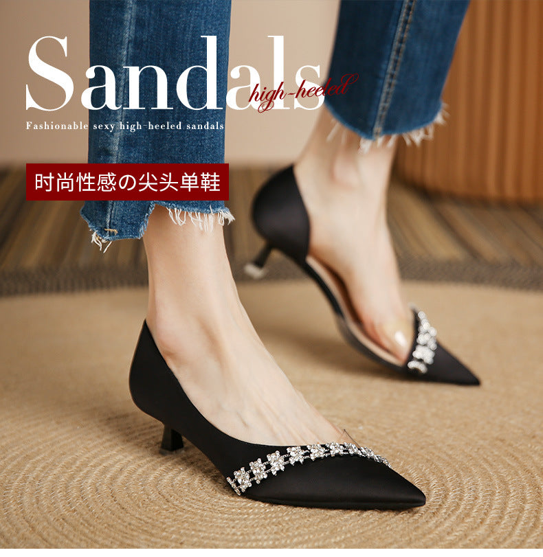 135 3 European and American style slip on women s shoes French pointed toe stiletto shallow mouth single shoes temperament splicing rhinestone high heels 7 MART