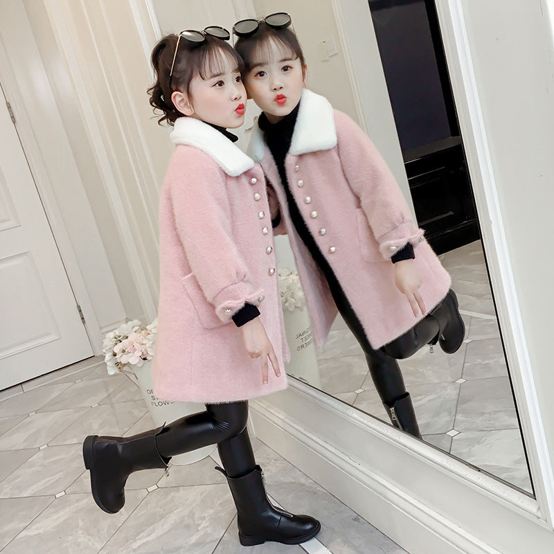 Girls woolen coat 2024 new winter thickened stylish middle and large children's new year clothes medium and long coat woolen cotton 