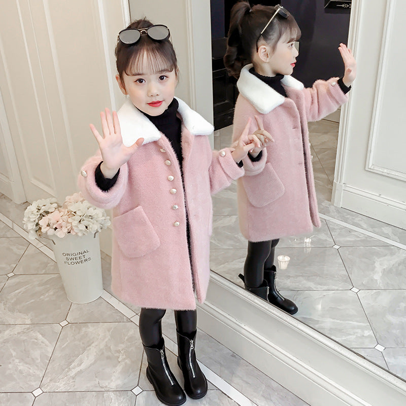 Girls woolen coat 2024 new winter thickened stylish middle and large children's new year clothes medium and long coat woolen cotton 