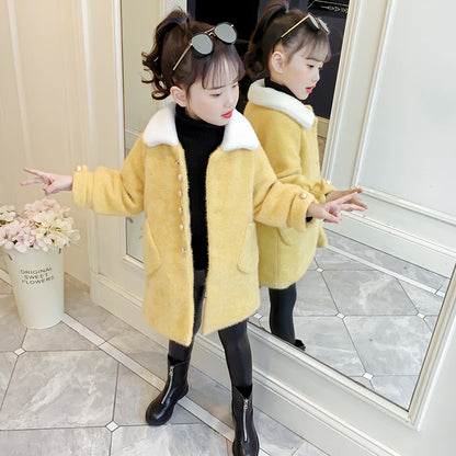 Girls woolen coat 2024 new winter thickened stylish middle and large children's new year clothes medium and long coat woolen cotton 