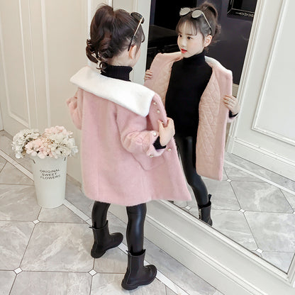 Girls woolen coat 2024 new winter thickened stylish middle and large children's new year clothes medium and long coat woolen cotton 