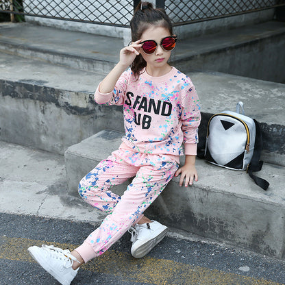 Girls' Western Style Suit 2024 New Spring Cotton Sweater Fashionable Casual Children's Two-piece Set