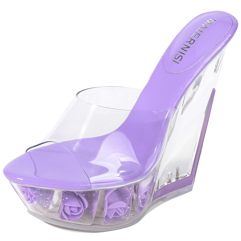 14cm waterproof platform transparent flower sandals European and American nightclub sexy high heels summer women's shoes one drop 