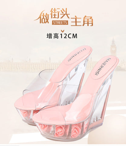 14cm waterproof platform transparent flower sandals European and American nightclub sexy high heels summer women's shoes one drop 