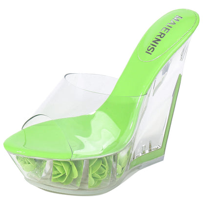 14cm waterproof platform transparent flower sandals European and American nightclub sexy high heels summer women's shoes one drop 