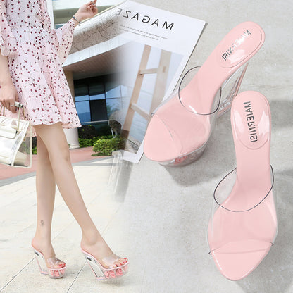 14cm waterproof platform transparent flower sandals European and American nightclub sexy high heels summer women's shoes one drop 