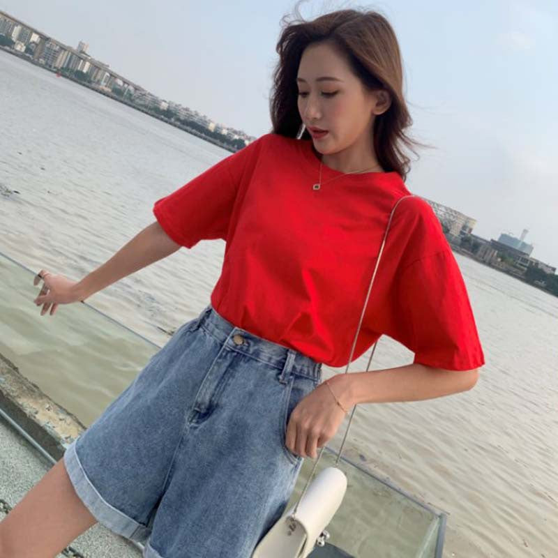 Guochao drop shoulder bat sleeve mid-sleeve blank solid color T-shirt half-sleeve wholesale advertising shirt mid-sleeve hip-hop pure cotton 