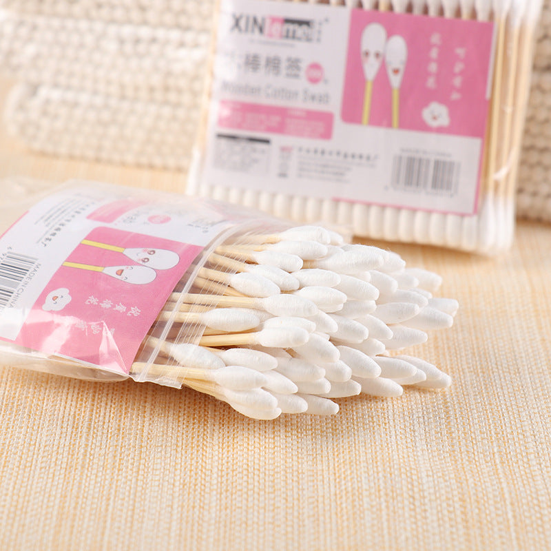 [Xinlemei] Manufacturer's disposable pointed spiral double-ended bamboo stick cosmetic cotton swab cleaning cotton swab bag 