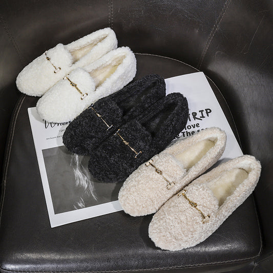 Korean version of net red curly hair white wool shoes female autumn and winter students all-match lazy one pedal flat lamb wool cotton shoes 