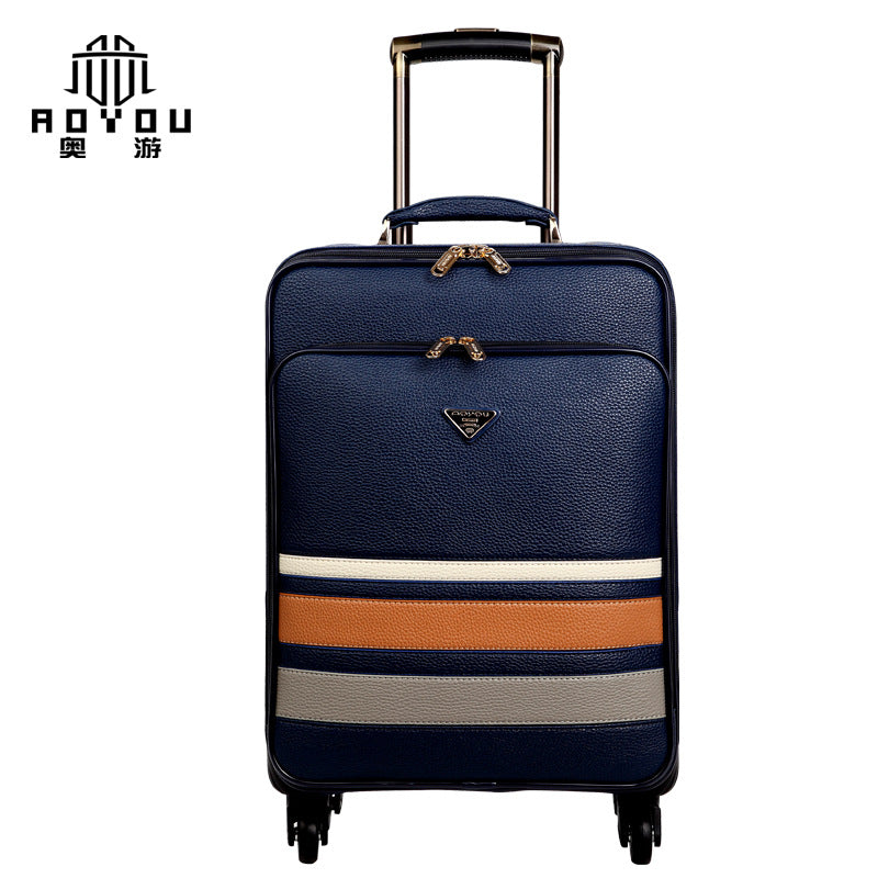 Business horizontal striped leather suitcase for men, business trip suitcase, universal wheel trolley suitcase, female travel suitcase 