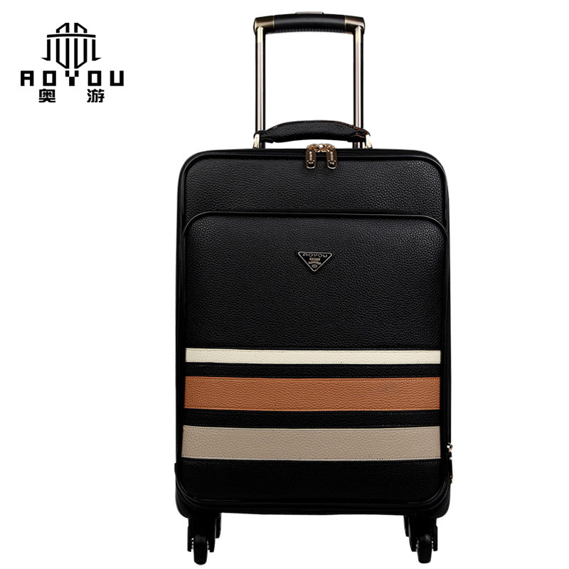 Business horizontal striped leather suitcase for men, business trip suitcase, universal wheel trolley suitcase, female travel suitcase 