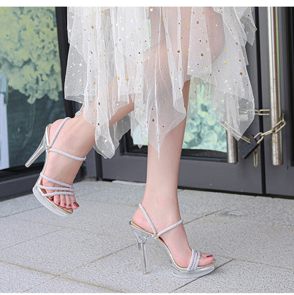 Summer refreshing women's high-heeled shoes sexy crystal transparent women's shoes color diamond fabric high-heeled women's sandals 