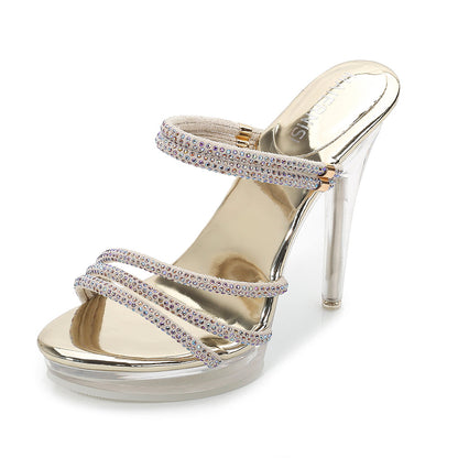 Summer refreshing women's high-heeled shoes sexy crystal transparent women's shoes color diamond fabric high-heeled women's sandals 