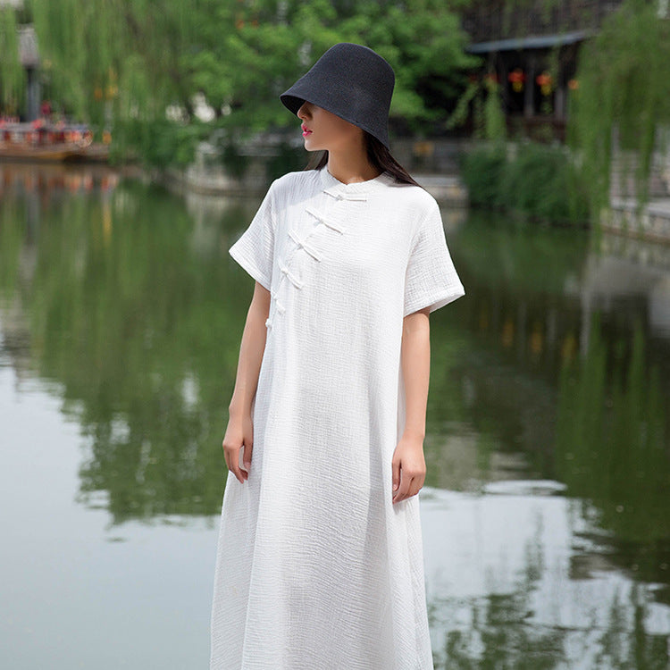 23 spring and summer Nianbaixiu spinning national style buckle improved cheongsam dress women's middle and long section collar slanted front cotton and linen women's clothing 