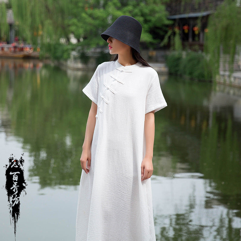 23 spring and summer Nianbaixiu spinning national style buckle improved cheongsam dress women's middle and long section collar slanted front cotton and linen women's clothing 