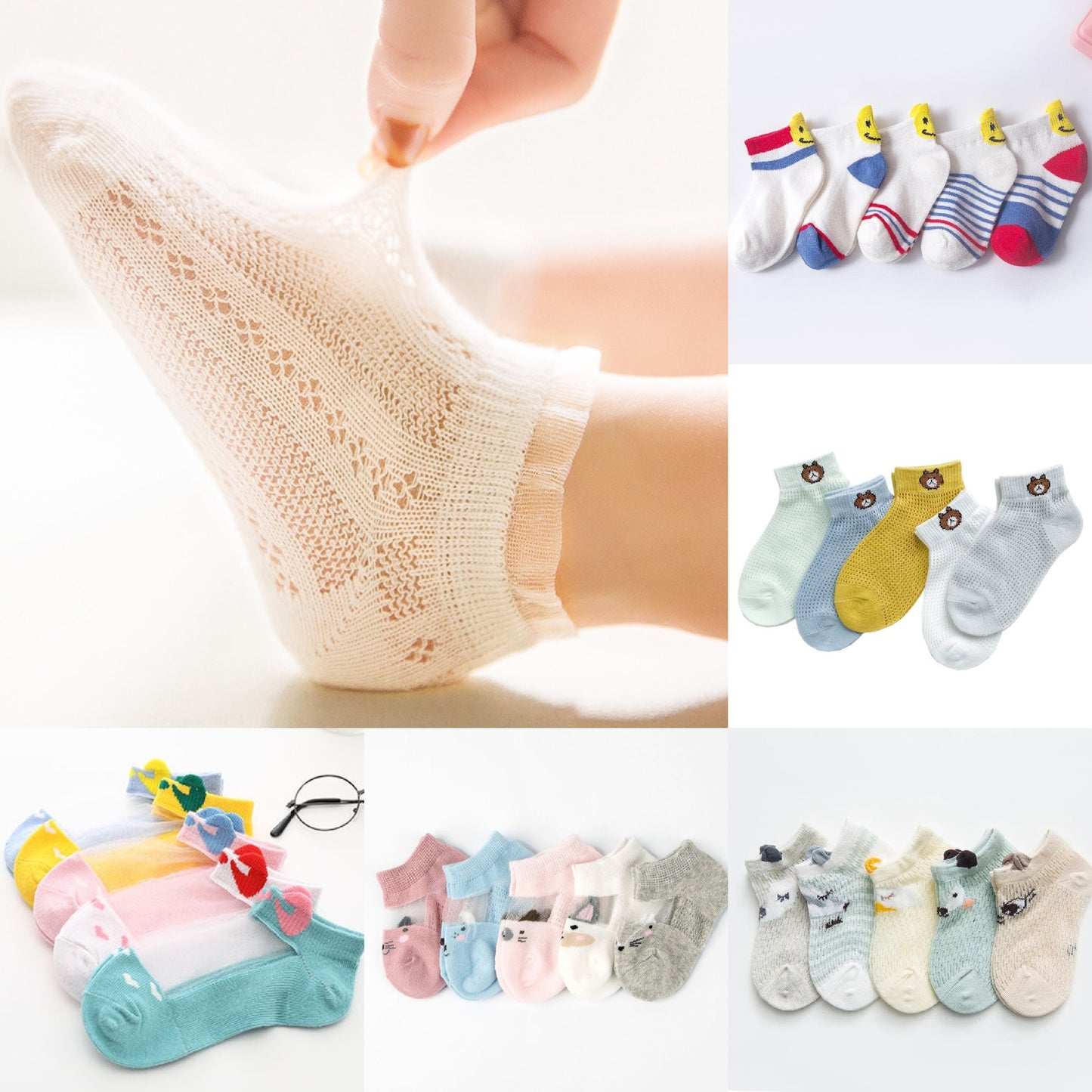 2023 Manufacturer children's socks spring and summer cotton baby socks mesh thin breathable ice silk men and women candy color 