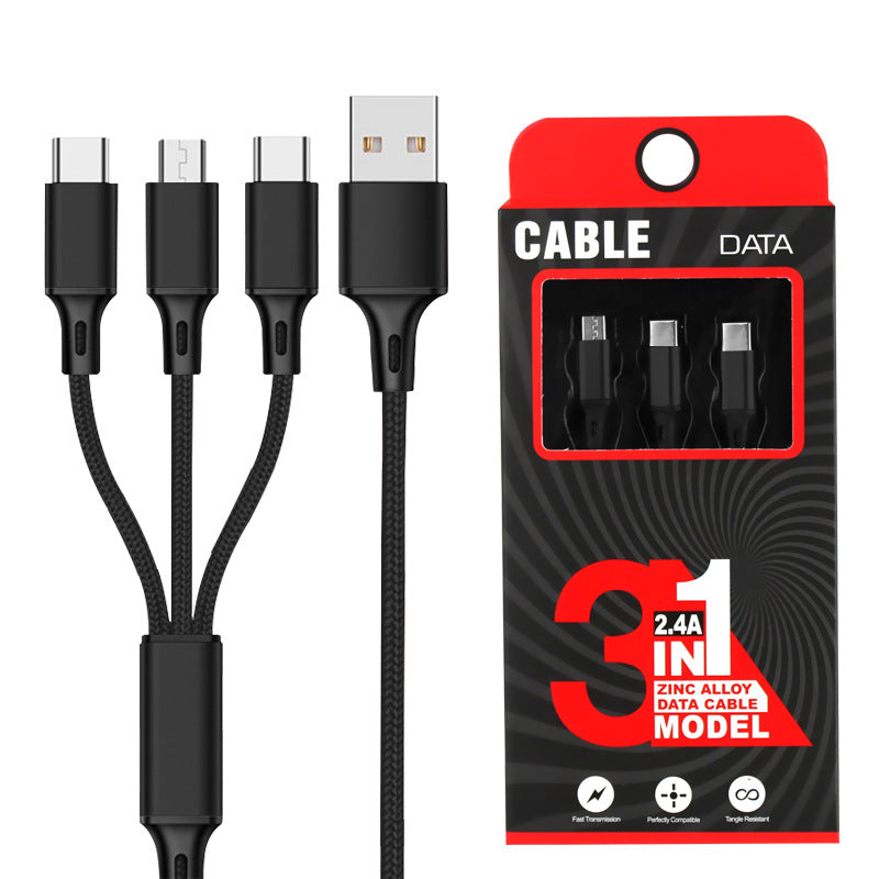 Baitong is suitable for iphone Android nylon braided usb cable metal one-to-one three-in-one data cable 