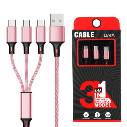 Baitong is suitable for iphone Android nylon braided usb cable metal one-to-one three-in-one data cable 