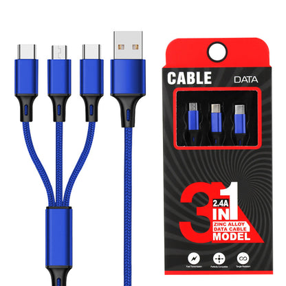 Baitong is suitable for iphone Android nylon braided usb cable metal one-to-one three-in-one data cable 