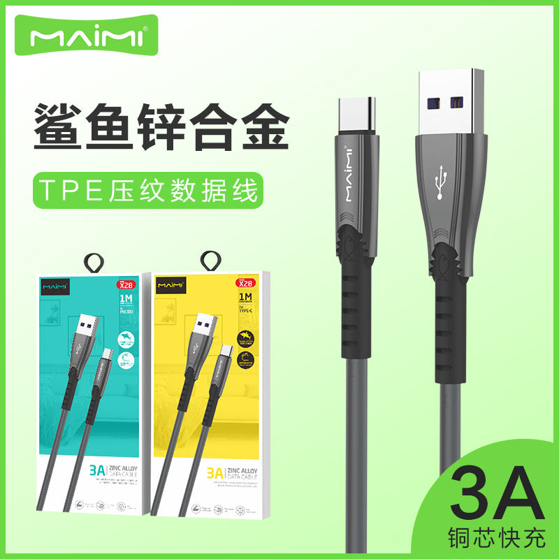 Android Type-C 3A flash charging s8 data cable အတွက် သင့်လျော်သော Mai Mi X28 ဇင့်အလွိုင်း အမြန်အားသွင်း အိုင်ဖုန်းကြိုး