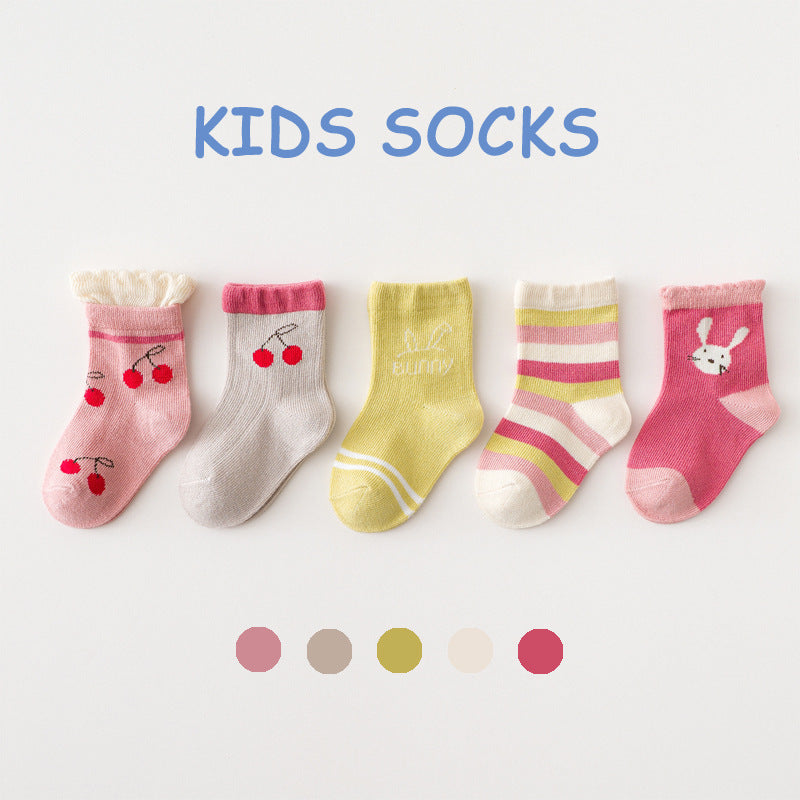 Children's socks for girls, fruit lace stripes, cute cartoon cotton wholesale manufacturers, comfortable baby socks for spring, autumn and winter 