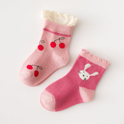 Children's socks for girls, fruit lace stripes, cute cartoon cotton wholesale manufacturers, comfortable baby socks for spring, autumn and winter 