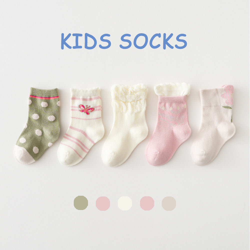 Children's socks baby spring autumn winter furry socks lace ruffled princess polka dot cute style cotton middle tube 