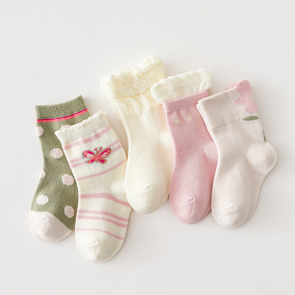 Children's socks baby spring autumn winter furry socks lace ruffled princess polka dot cute style cotton middle tube 