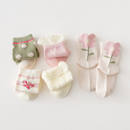 Children's socks baby spring autumn winter furry socks lace ruffled princess polka dot cute style cotton middle tube 