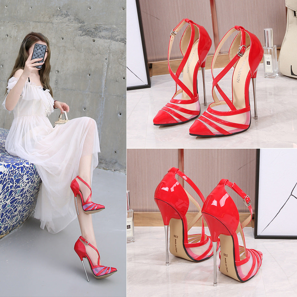 Roman style gauze sexy cross belt 16cm pointed toe stiletto hollow large size high-heeled sandals Huizhou women's shoes 