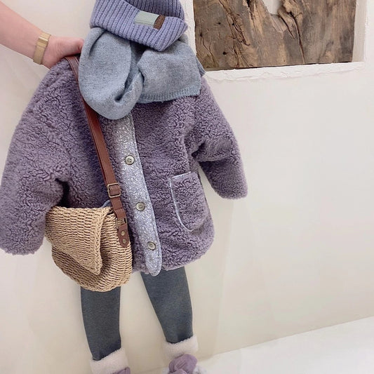 Korean children's clothing 2022 autumn and winter children's retro thickened cotton coat girls fashionable lamb wool plus velvet coat cotton coat trend 