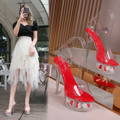 Transparent crystal stiletto waterproof platform sandals female model catwalk shoes pole dance sexy nightclub large size women's shoes foreign trade