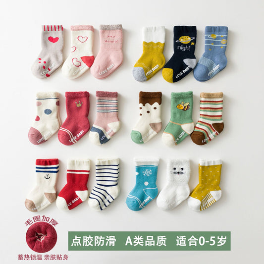 2022 autumn and winter terry plus velvet thickened thermal storage and warm mid-length cotton baby socks dotted floor socks 