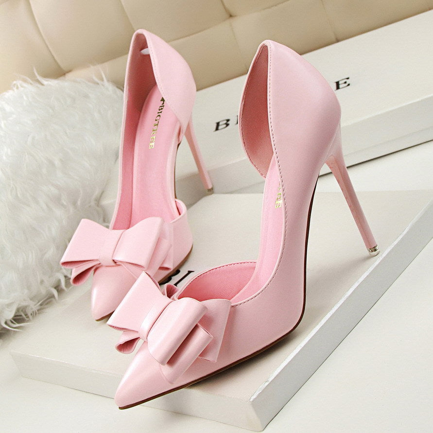 3168-2 Korean style fashionable, delicate and sweet bow high heels, stiletto heels, shallow mouth, pointed toe and side hollow shoes 