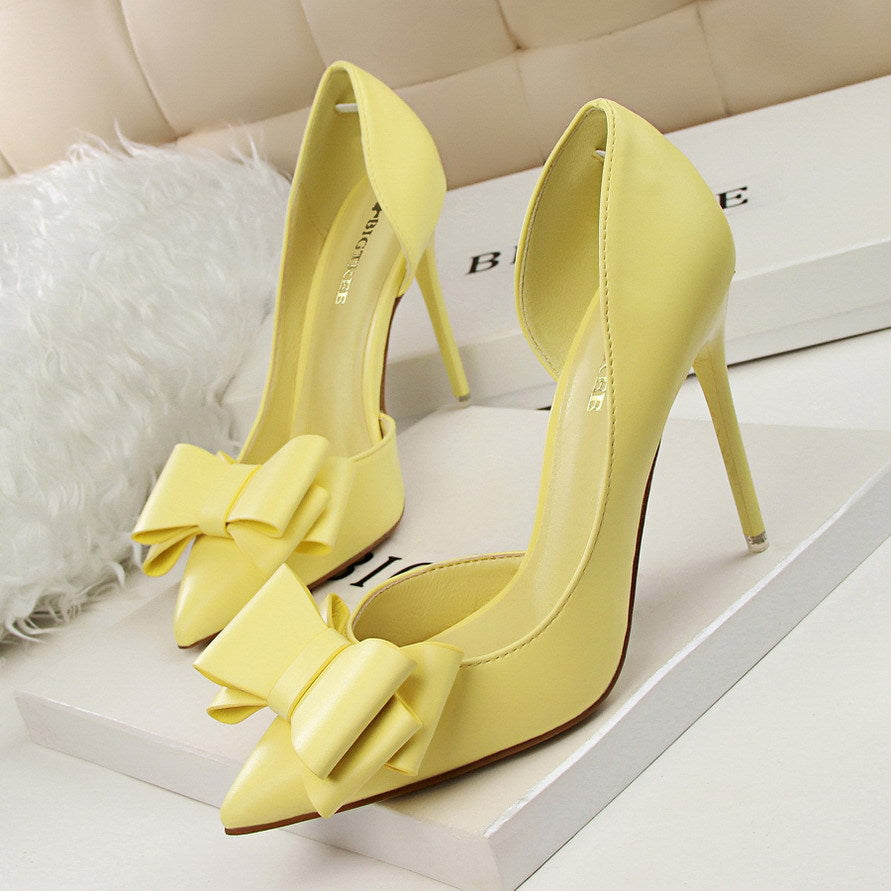 3168-2 Korean style fashionable, delicate and sweet bow high heels, stiletto heels, shallow mouth, pointed toe and side hollow shoes 