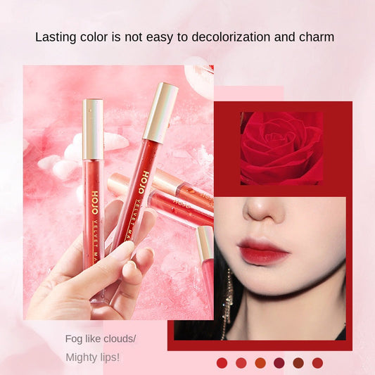 HOJO cloud light mist matte lip glaze velvet matte moisturizing anti-sweat anti-sweat ကြာရှည်ခံမိတ်ကပ်သည် မှေးမှိန်ရန်မလွယ်ကူသော အိမ်တွင်းမိတ်ကပ် 