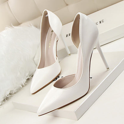 638-5 Korean style fashionable simple stiletto high heels patent leather shallow mouth pointed toe hollow sexy slim high heels shoes