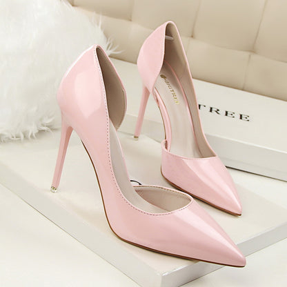 638-5 Korean style fashionable simple stiletto high heels patent leather shallow mouth pointed toe hollow sexy slim high heels shoes