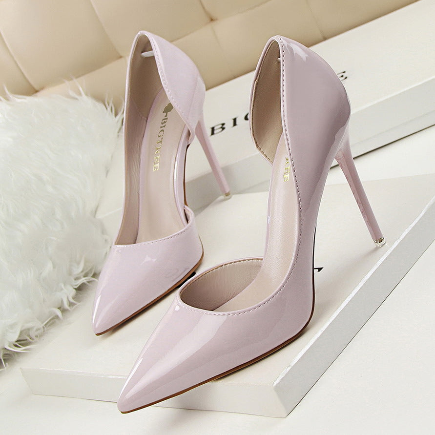 638-5 Korean style fashionable simple stiletto high heels patent leather shallow mouth pointed toe hollow sexy slim high heels shoes