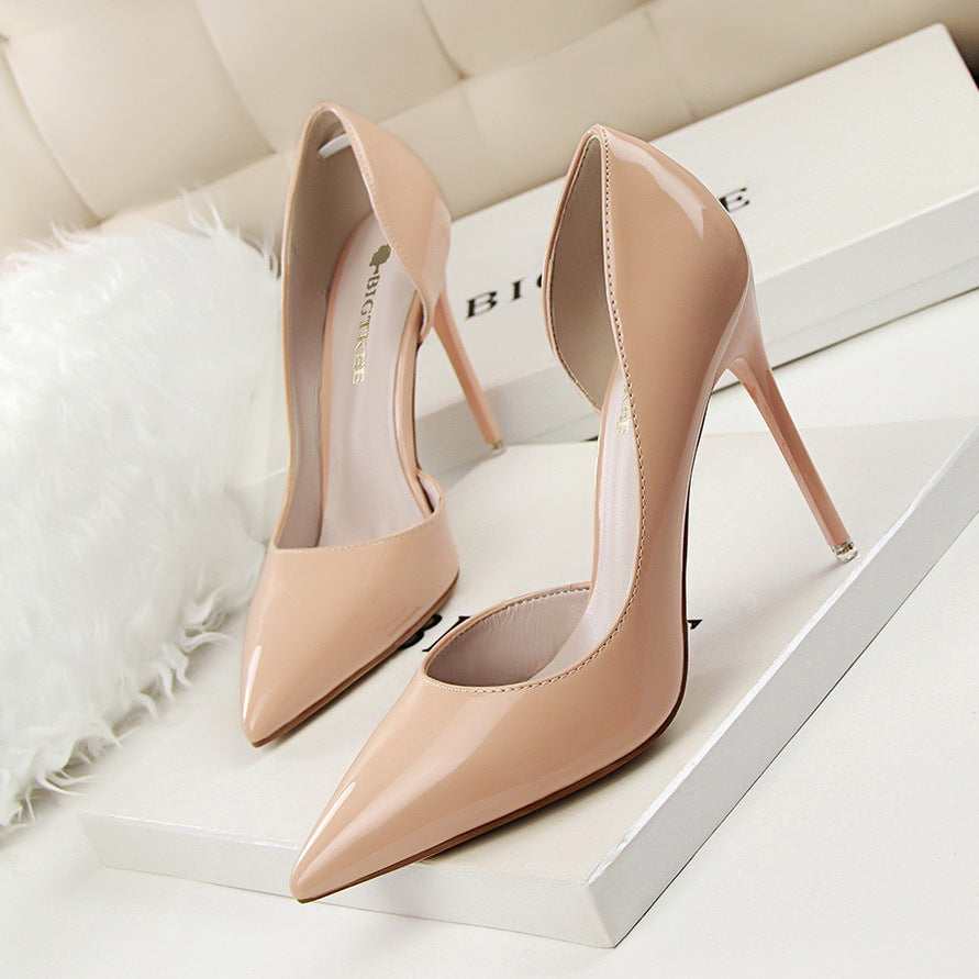 638-5 Korean style fashionable simple stiletto high heels patent leather shallow mouth pointed toe hollow sexy slim high heels shoes