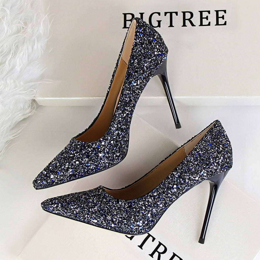 9219-1 European and American style women's shoes, high heels, shallow mouth, pointed toe, sparkling sequins, sexy slimming nightclub high heels single shoes 