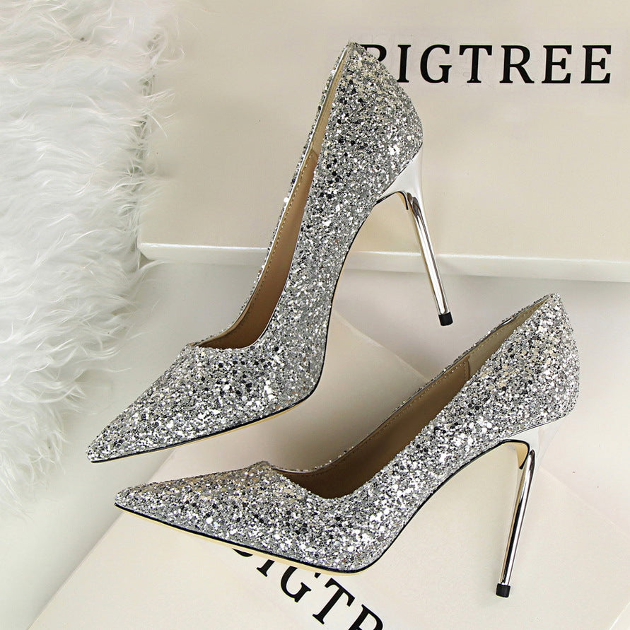 9219-1 European and American style women's shoes, high heels, shallow mouth, pointed toe, sparkling sequins, sexy slimming nightclub high heels single shoes 