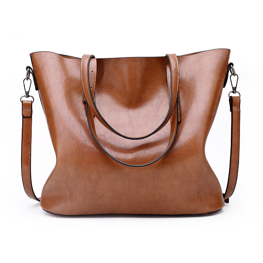 2023 European and American Fashionable Women's Bags Oil Waxed Leather Handheld Diagonal Large Capacity Tote Bag Women's Large Bag Cross-Border Wholesale 