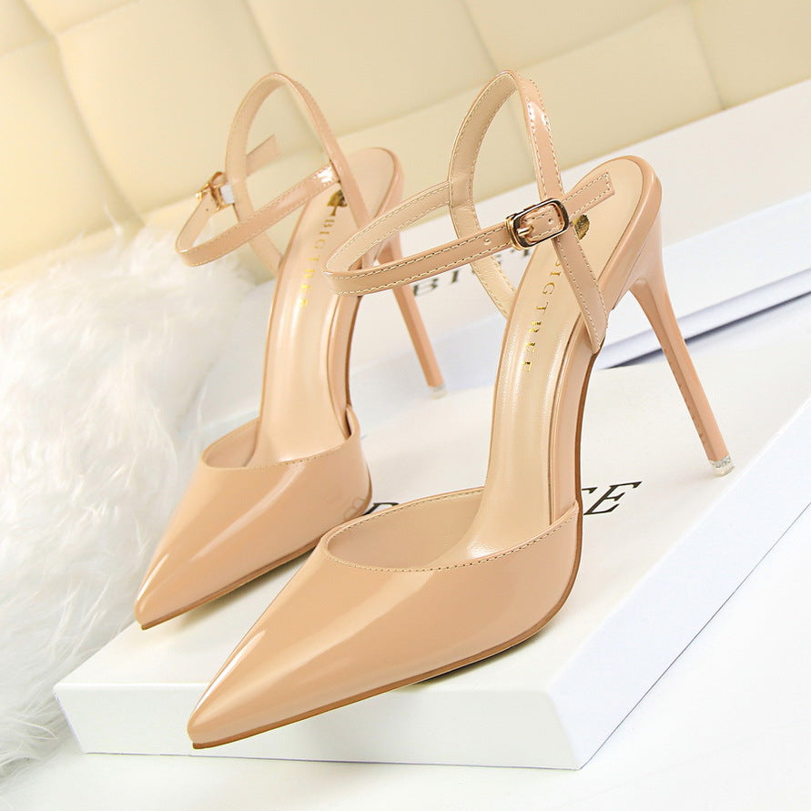 86-1 European and American style simple stiletto heel super high heel shallow mouth pointed toe patent leather sexy nightclub slimming strappy women's sandals 