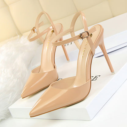 86-1 European and American style simple stiletto heel super high heel shallow mouth pointed toe patent leather sexy nightclub slimming strappy women's sandals 