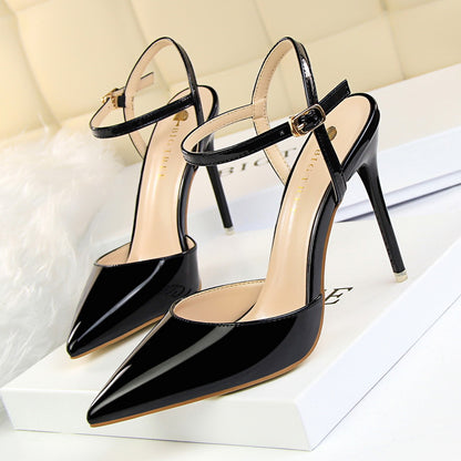 86-1 European and American style simple stiletto heel super high heel shallow mouth pointed toe patent leather sexy nightclub slimming strappy women's sandals 