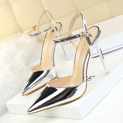 86-1 European and American style simple stiletto heel super high heel shallow mouth pointed toe patent leather sexy nightclub slimming strappy women's sandals 