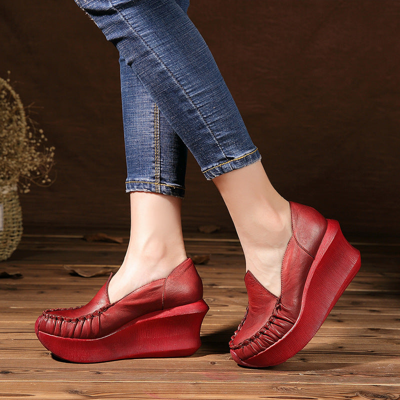 Huizumei 2022 Explosive Four Seasons Shoes Wedge Heel Leather Original Handmade Pastoral Retro တိုးမြင့်ဖိနပ် မိခင်ဖိနပ် တစ်ခုတည်းသောဖိနပ် 