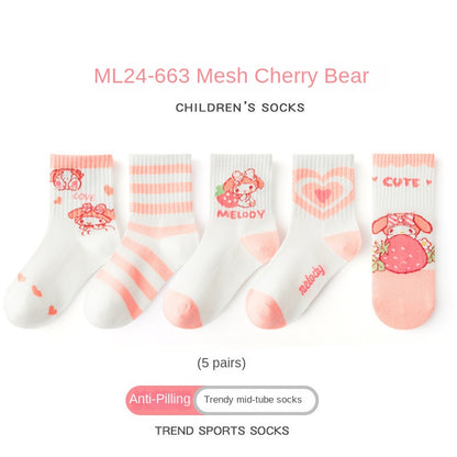 Girls socks spring and summer thin middle tube socks cotton socks mesh socks cute rabbit middle and large children breathable children socks 